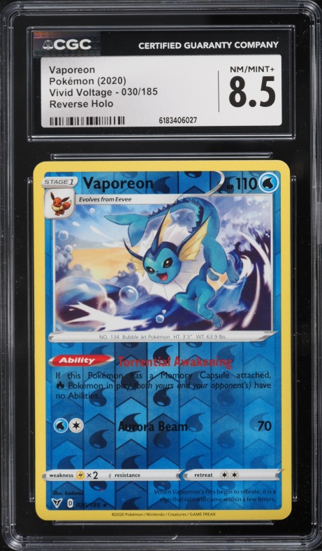 2020 Pokemon Sword & Shield Vivid Voltage Reverse Holo Vaporeon #30 CGC 8.5 NM-MT+