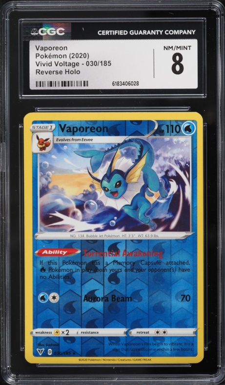 2020 Pokemon Sword & Shield Vivid Voltage Reverse Holo Vaporeon #30 CGC 8 NM-MT
