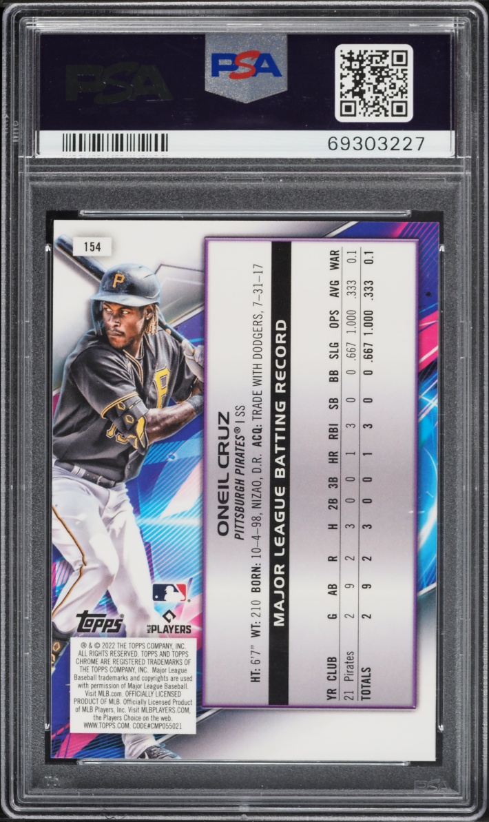 2022 Topps Chrome Cosmic Oneil Cruz ROOKIE #154 PSA 10 GEM MINT
