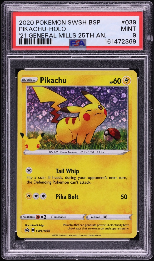 2020 Pokemon Sword & Shield Promo General Mills Sequin Holo Pikachu #39 PSA 9 MINT