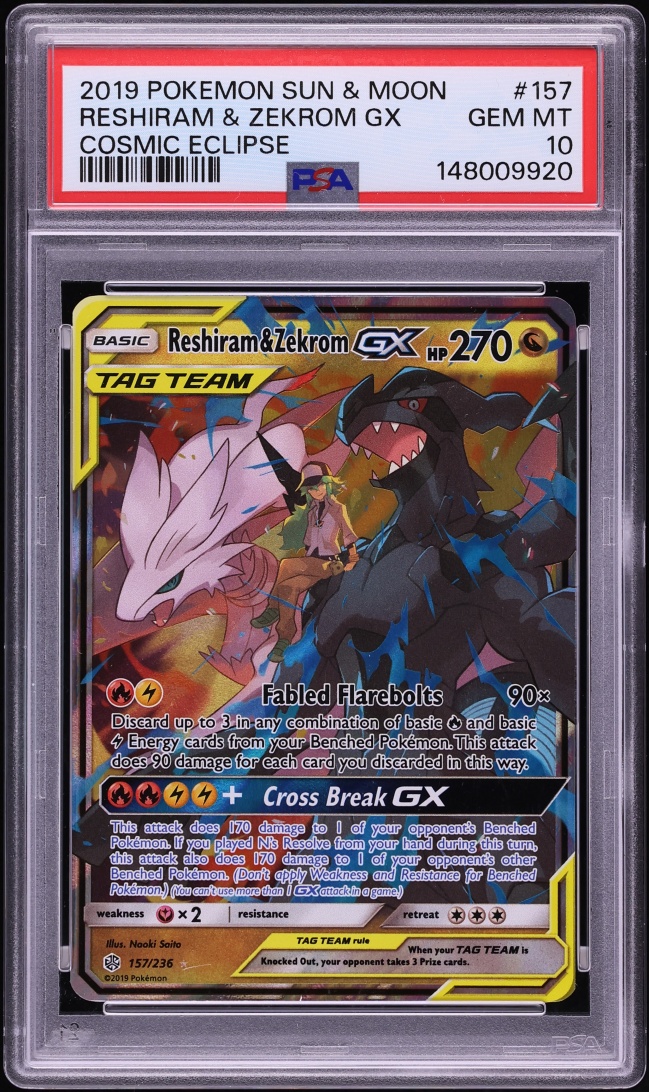 2019 Pokemon Sun & Moon Cosmic Eclipse Holo Reshiram & Zekrom GX #157 PSA 10 GEM MINT