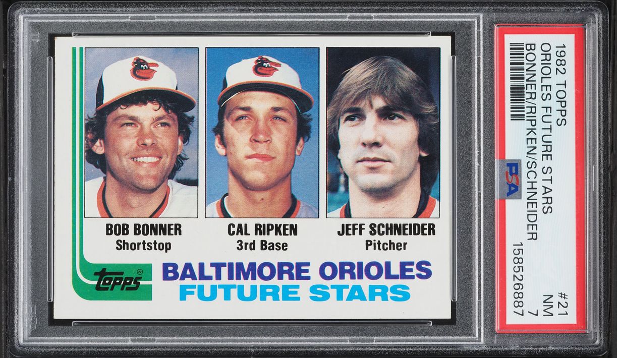 1982 Topps Orioles Future Stars Bob Bonner Jeff Schneider Cal Ripken Jr. ROOKIE #21 PSA 7 NRMT