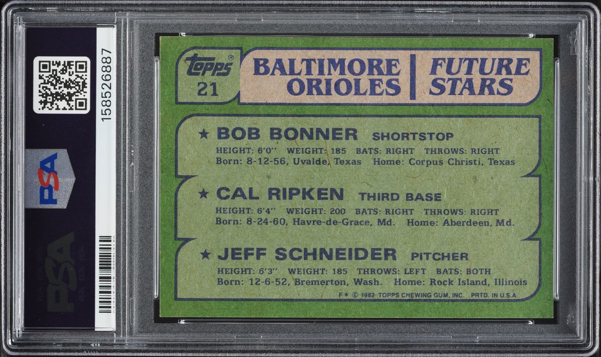1982 Topps Orioles Future Stars Bob Bonner Jeff Schneider Cal Ripken Jr. ROOKIE #21 PSA 7 NRMT