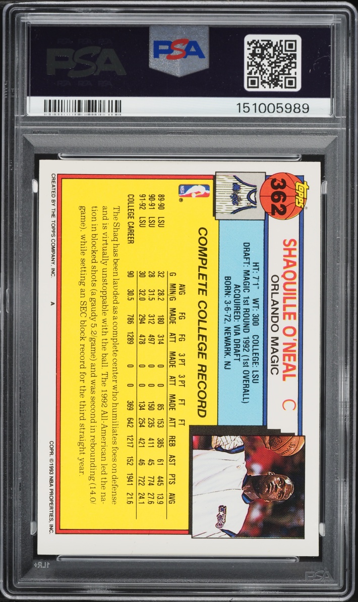 1992 Topps Basketball Shaquille O'Neal ROOKIE #362 PSA 7 NRMT