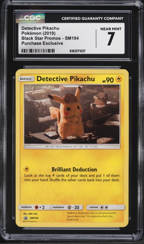 pokemon detective pikachu movie promo card DET.PIKACHU-HOLO 2019 SM BLACK STAR PROMO PSA NM-MT 8 plus 2 additional Pokmon TCG booster packs to expand your collection Detective Pikachu - SM190 -