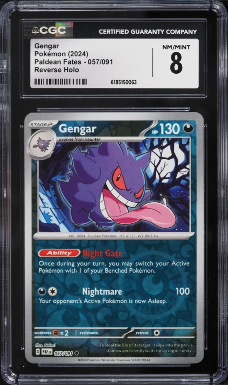 2024 Pokemon Scarlet & Violet Paldean Fates Reverse Holo Gengar #57 CGC 8 NM-MT