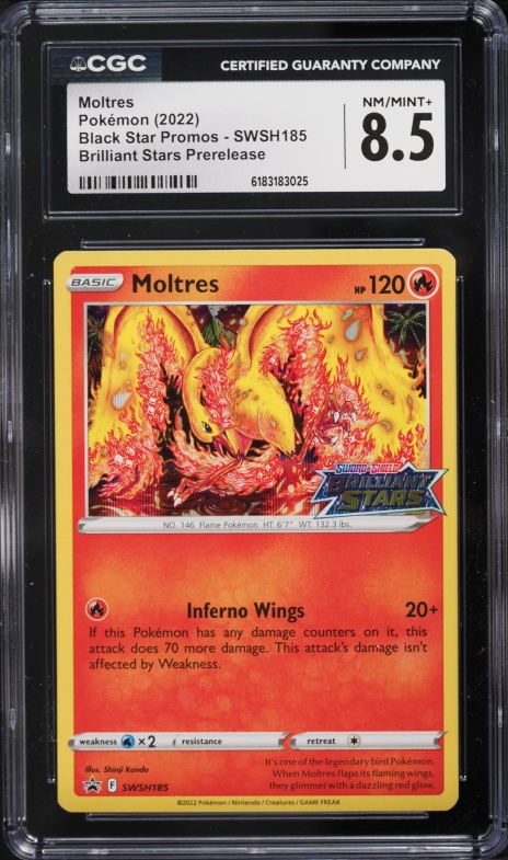 2022 Pokemon Sword & Shield Promo Brilliant Stars Prerelease Holo Moltres #SWSH185 CGC 8.5