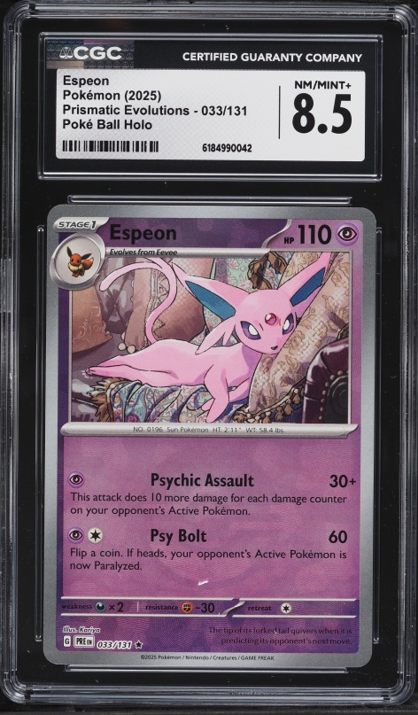 2025 Pokemon Scarlet & Violet Prismatic Evolutions Poke Ball Holo Espeon #33 CGC 8.5 NM-MT+