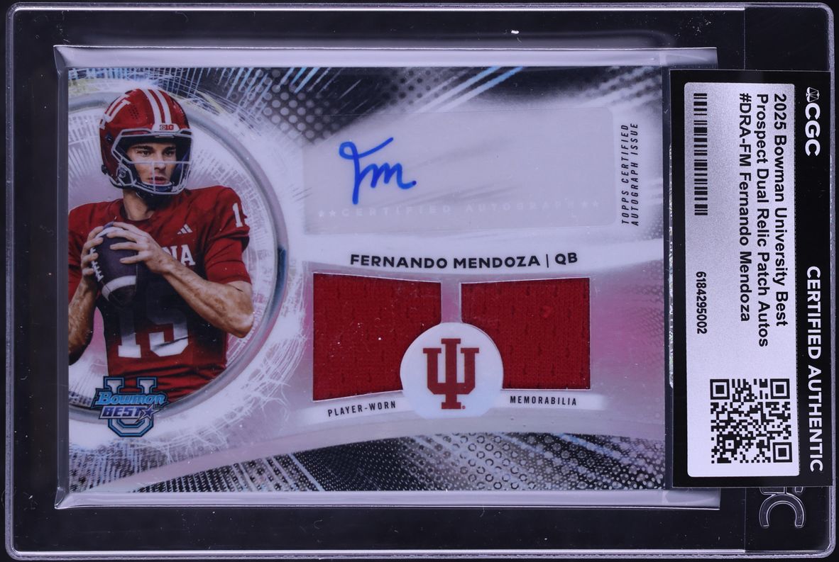 Fernando Mendoza #DRA-FM 2025 Bowman University Best Football Prospect Dual Relic Patch Autographs Refractor