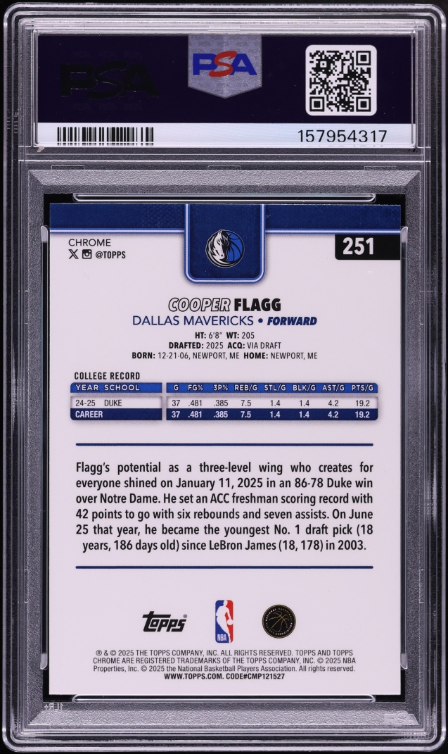 2025 Topps Chrome Cooper Flagg ROOKIE #251 PSA 8 NM-MT
