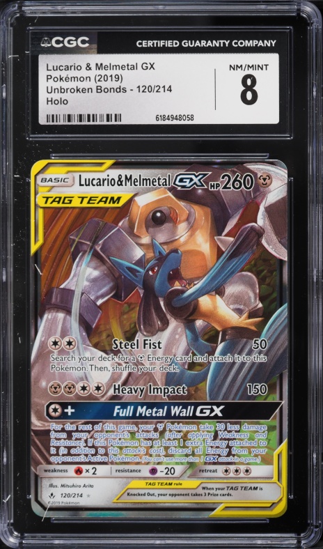 2019 Pokemon Sun & Moon Unbroken Bonds Holo Lucario & Melmetal GX #120 CGC 8 NM-MT