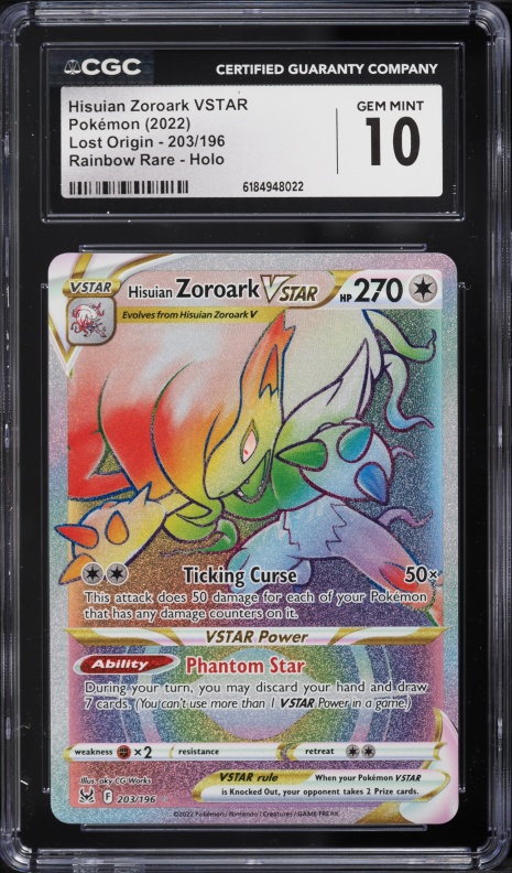 2022 Pokemon Sword & Shield Lost Origin Rainbow Rare Hisuian Zoroark VSTAR #203 CGC 10 GEM MINT