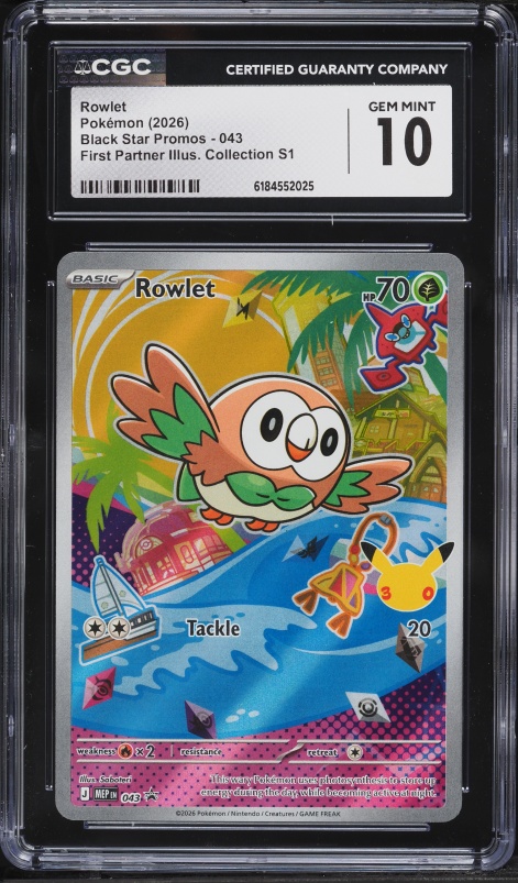 rowlet holographic pokemon card 2026 Mega Evolution Promo First Partner Illustration Full Art #43 CGC 9 MINT on Fanatics Collect (Dont apply Weakness and Resistance for Benched Pokémon.) Weakness / Resistance / Retreat Cost Pokemon Card Promo #SM01 -