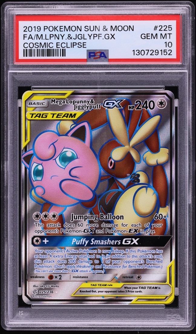 2019 Pokemon Sun & Moon Cosmic Eclipse Full Art Mega Lopunny & Jigglypfuff GX #225 PSA 10 GEM