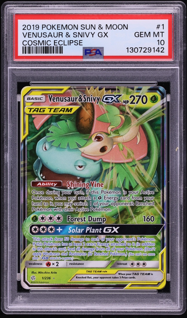 2019 Pokemon Sun & Moon Cosmic Eclipse Alt Art Venusaur & Snivy GX #1 PSA 10 GEM MINT