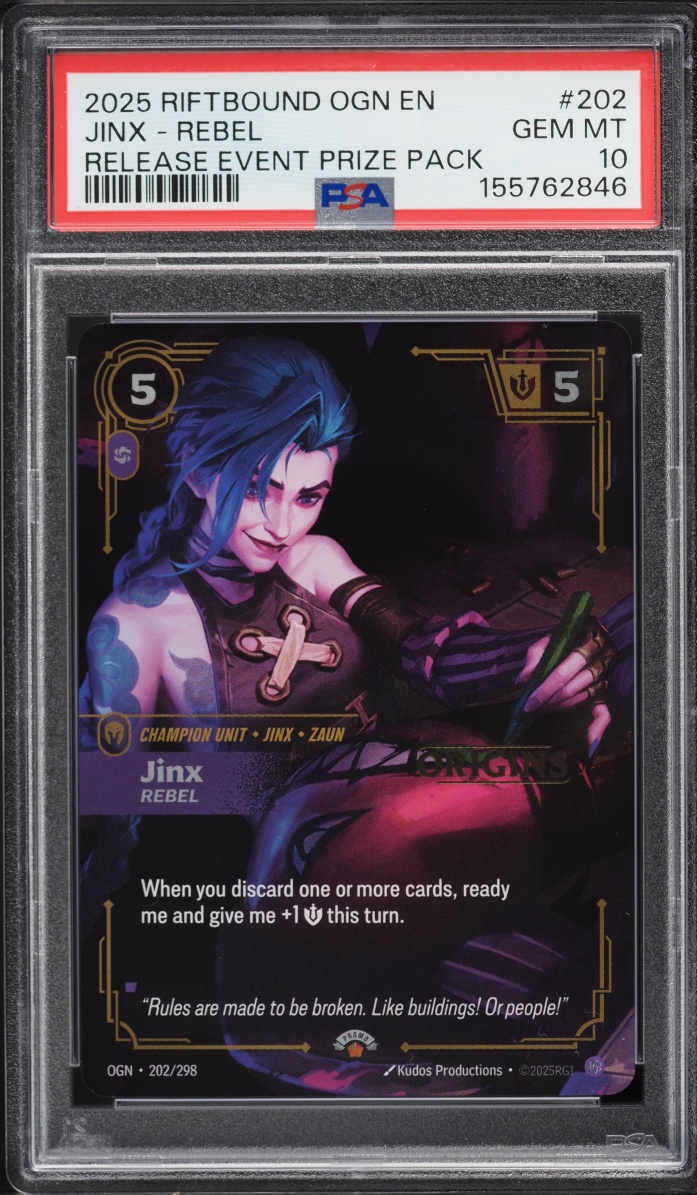 2025 Riftbound League Of Legends LoL Origins Release Event Prize Pack Jinx Rebel #202 PSA 10