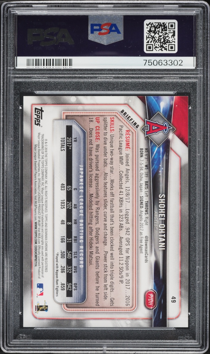 2018 Bowman Shohei Ohtani ROOKIE #49 PSA 10 GEM MINT