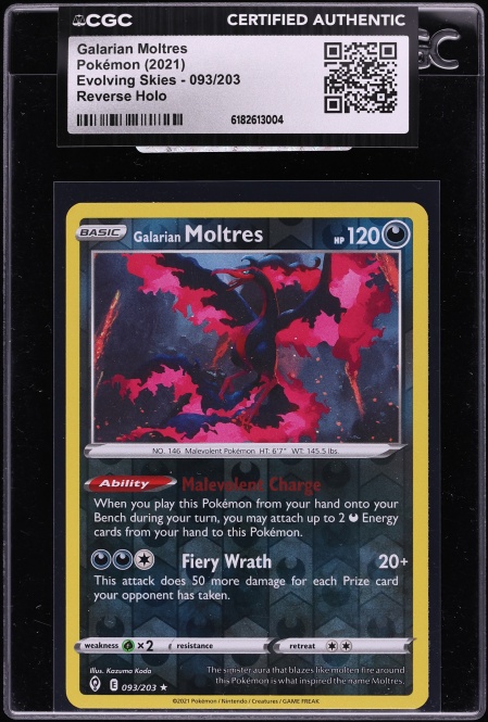 2021 Pokemon Evolving Skies Reverse Holo Galarian Moltres #093 CGC AUTH