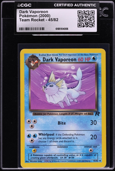 2000 Pokemon Team Rocket Dark Vaporeon #45 CGC AUTH