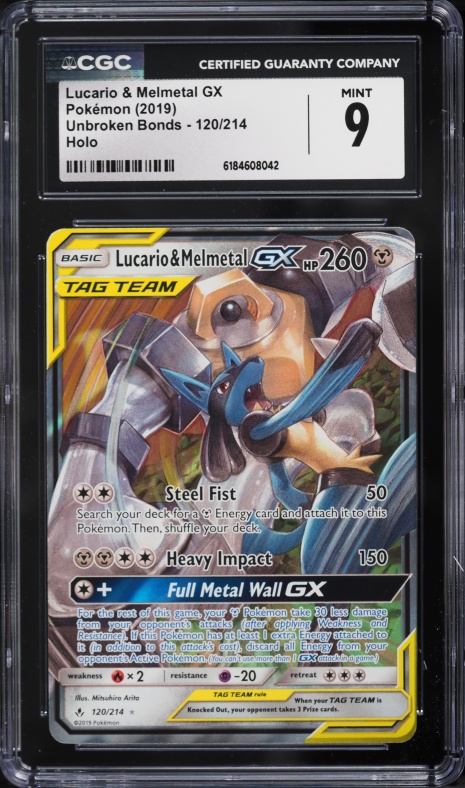 2019 Pokemon Sun & Moon Unbroken Bonds Holo Lucario & Melmetal GX #120 CGC 9 MINT