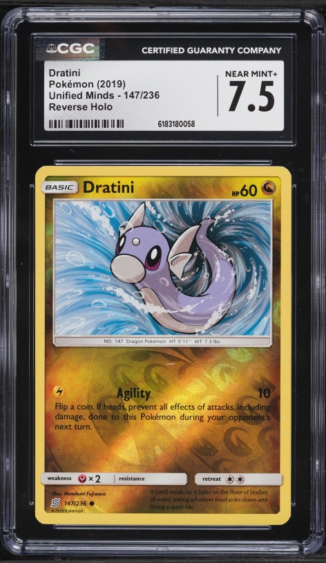 2019 Pokemon Sun & Moon Unified Minds Reverse Holo Dratini #147 CGC 7.5 NRMT+
