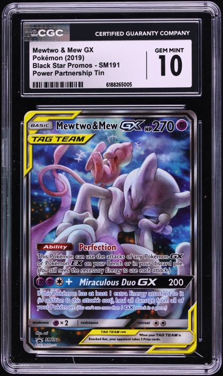 2019 Pokemon SM Promo Power Partnership Tin Full Art Mewtwo & Mew GX #SM191 CGC 10 GEM MINT