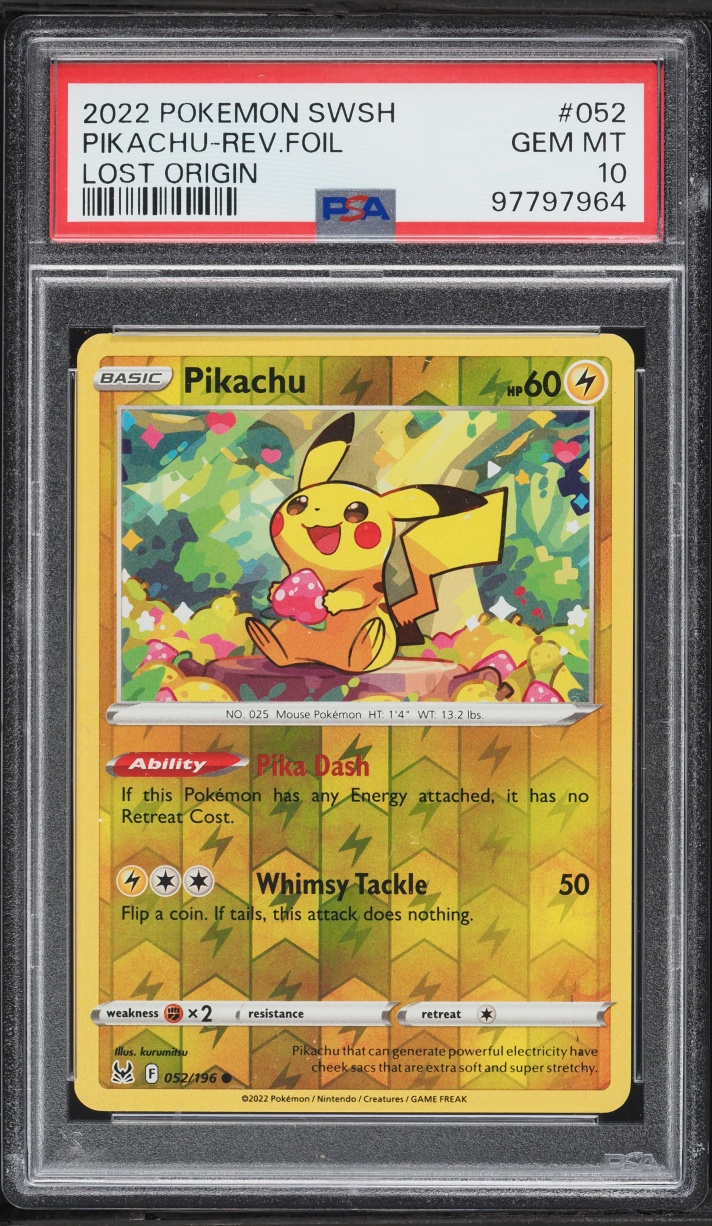 2022 Pokemon Sword & Shield Lost Origin Reverse Foil Pikachu #052 PSA 10 GEM MINT