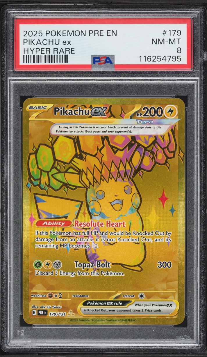 2025 Pokemon Scarlet & Violet Prismatic Evolutions Gold Rare Pikachu EX #179 PSA 8 NM-MT