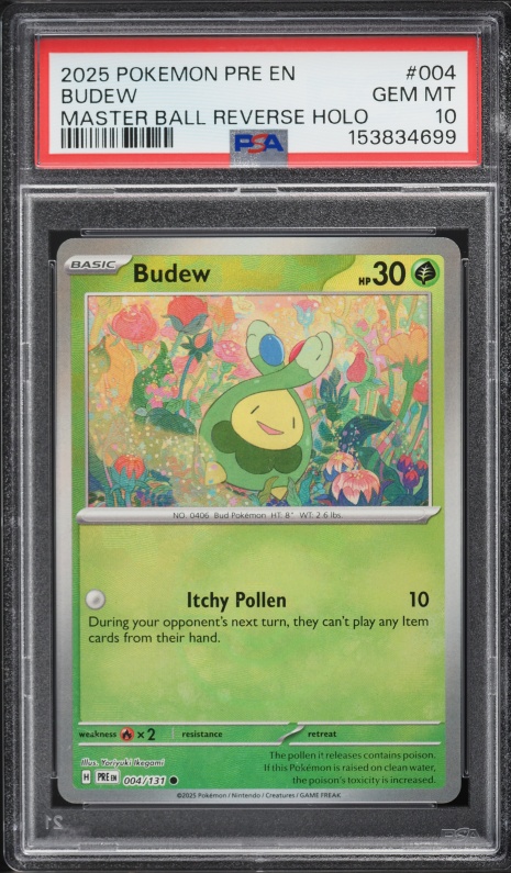 2025 Pokemon Scarlet & Violet Prismatic Evolutions Master Ball Reverse Holo Budew #4 PSA 10 GEM