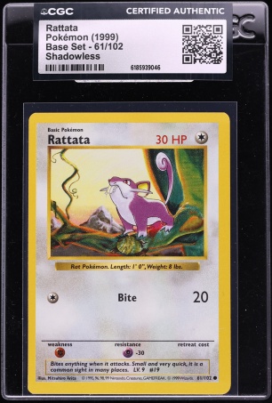 1999 Pokemon Base Set Shadowless Rattata #61 CGC AUTH