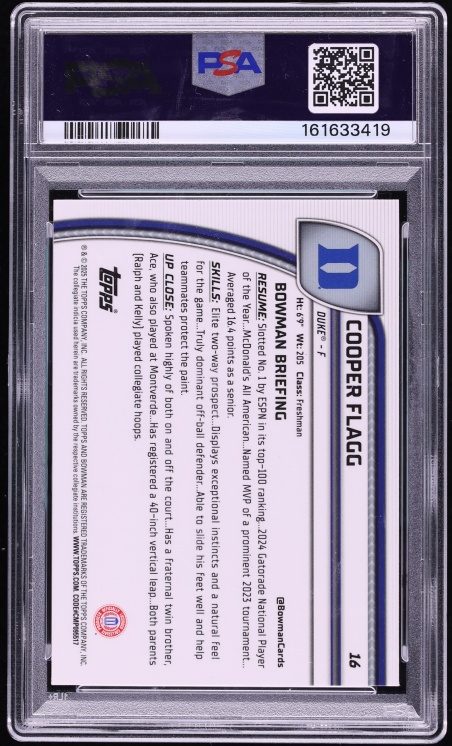 2024 Bowman University Chrome Black Wave Cooper Flagg #16 PSA 10 GEM MINT
