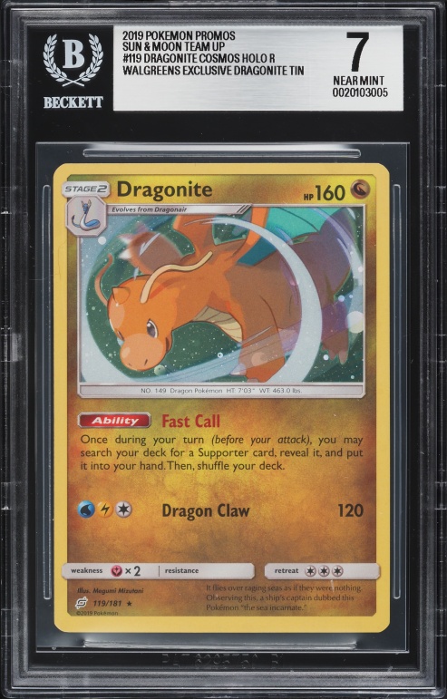 2019 Pokemon SM Team Up Promo Walgreens Exclusive Tin Cosmos Holo Dragonite #119 BGS 7 NRMT