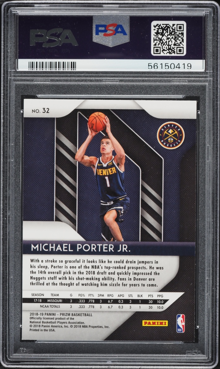 2018 Panini Prizm Michael Porter Jr. ROOKIE #32 PSA 9 MINT