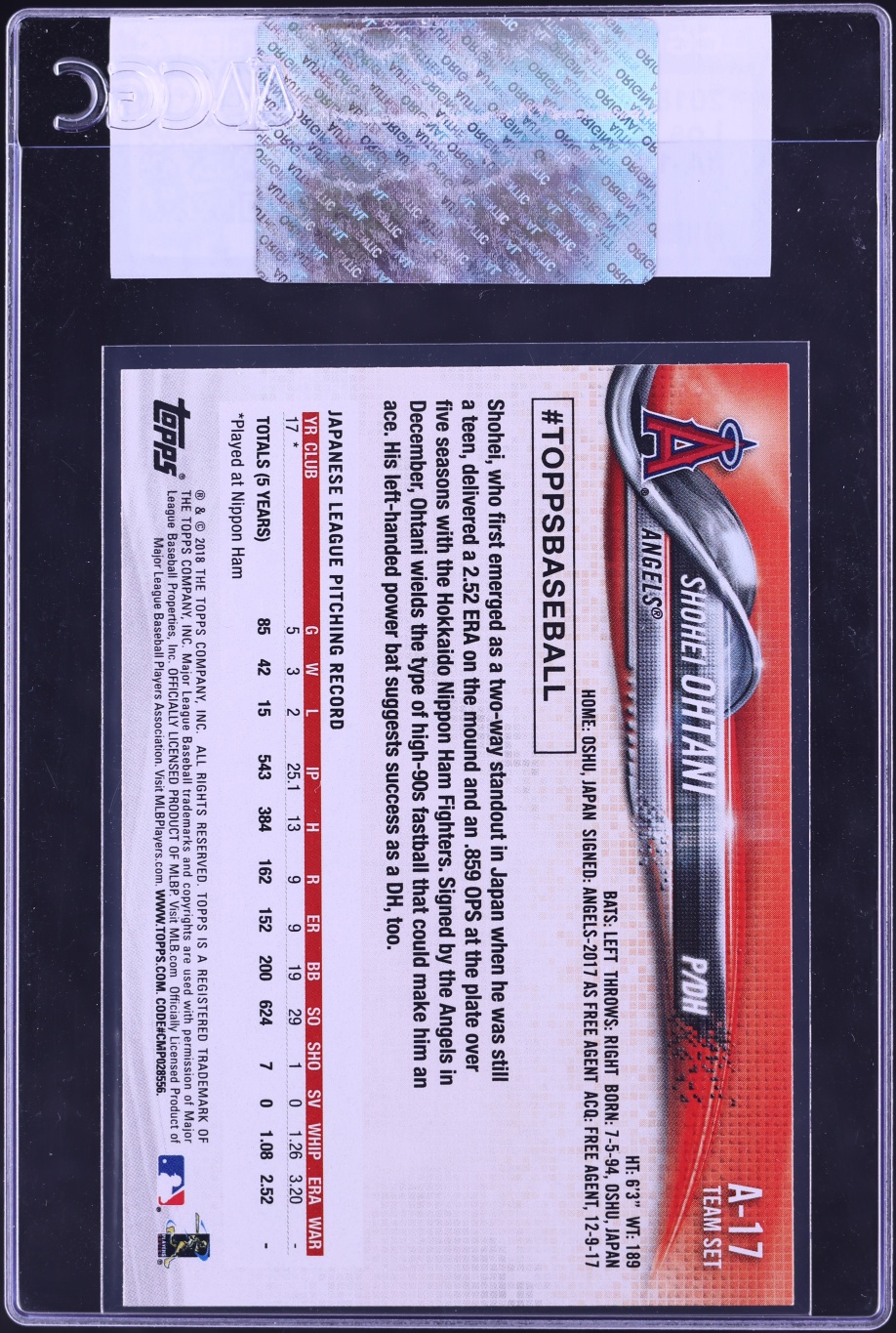 2018 Topps Team Sets Los Angeles Angels Shohei Ohtani ROOKIE #A-17 CGC AUTH