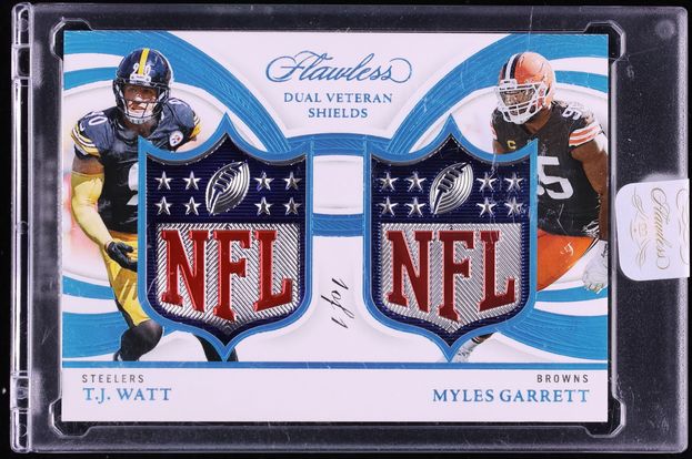 2025 Panini Flawless Dual Veteran T.J. Watt Myles Garrett NFL SHIELD PATCH 1/1 #DVS-TWMG