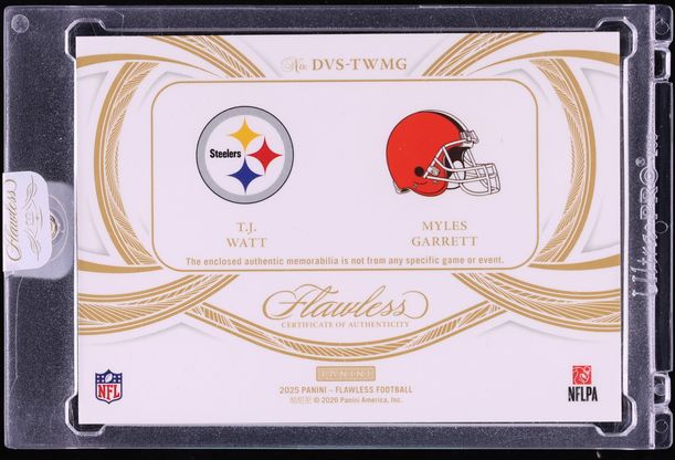 2025 Panini Flawless Dual Veteran T.J. Watt Myles Garrett NFL SHIELD PATCH 1/1 #DVS-TWMG