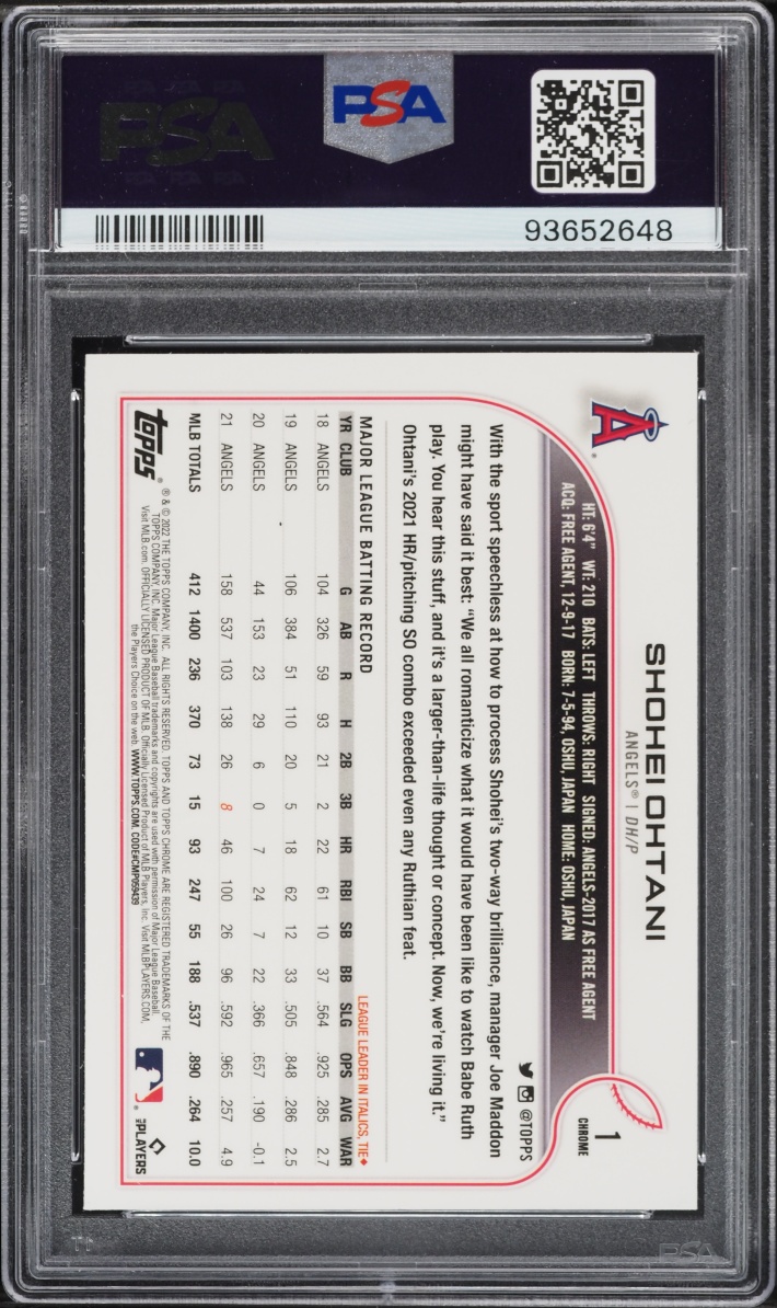 2022 Topps Chrome Prism Refractor Shohei Ohtani #1 PSA 9 MINT