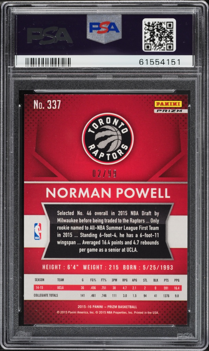 2015 Panini Prizm Purple Norman Powell ROOKIE /99 #337 PSA 9 MINT