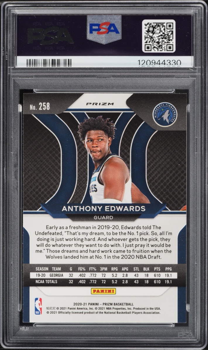 2020 Panini Prizm Silver Anthony Edwards ROOKIE #258 PSA 8 NM-MT