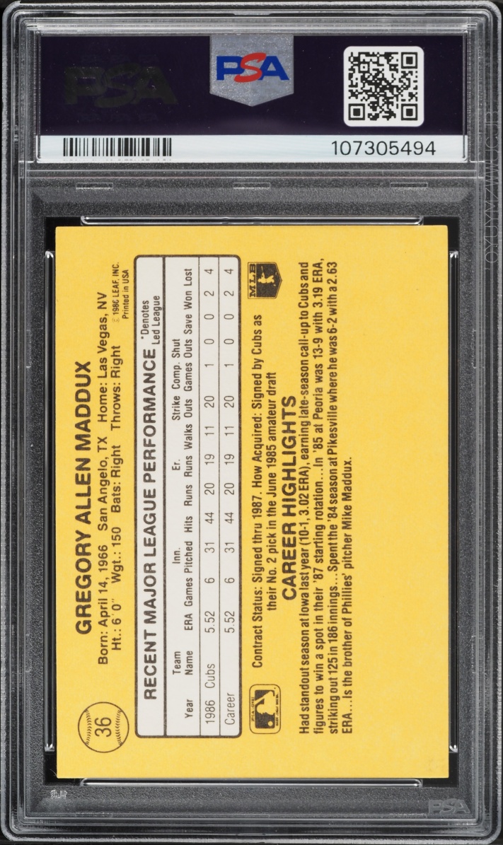1987 Donruss Greg Maddux ROOKIE #36 PSA 9 MINT