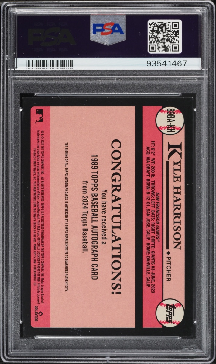 2024 Topps '89 Baseball Kyle Harrison ROOKIE AUTO #89BAKH PSA 9 MINT