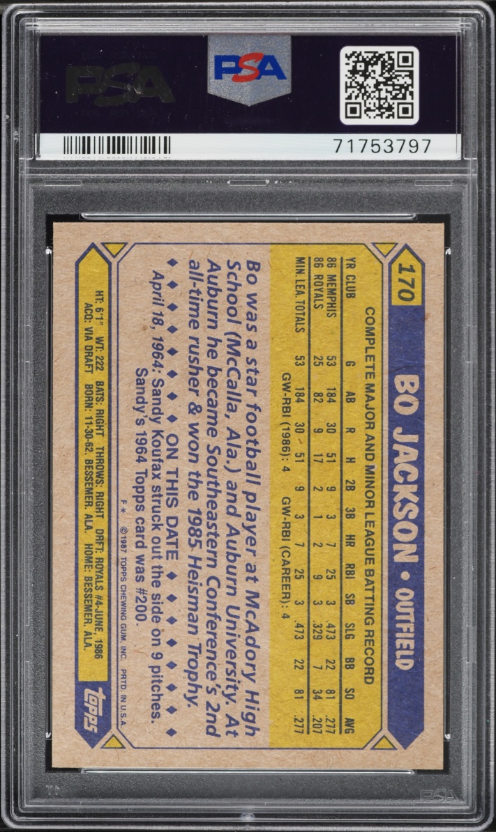 1987 Topps Future Stars Bo Jackson ROOKIE #170 PSA 8 NM-MT