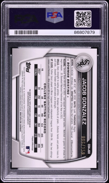 2023 Bowman Chrome Blue Refractor Jacob Gonzalez PROSPECT AUTO /150 #CDA-JGO PSA 10 GEM MINT