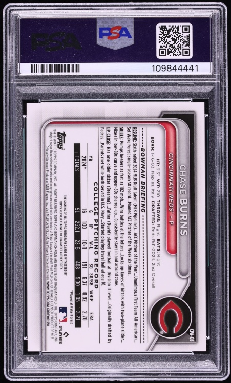 2024 Bowman Chrome Draft Sapphire Chase Burns PROSPECT AUTO /199 #CPA-CB PSA 9 MINT