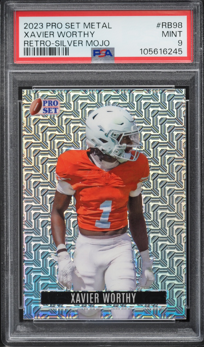 2023 Leaf Pro Set Metal Retro Silver Mojo Xavier Worthy ROOKIE /9 #RB-98 PSA 9 MINT