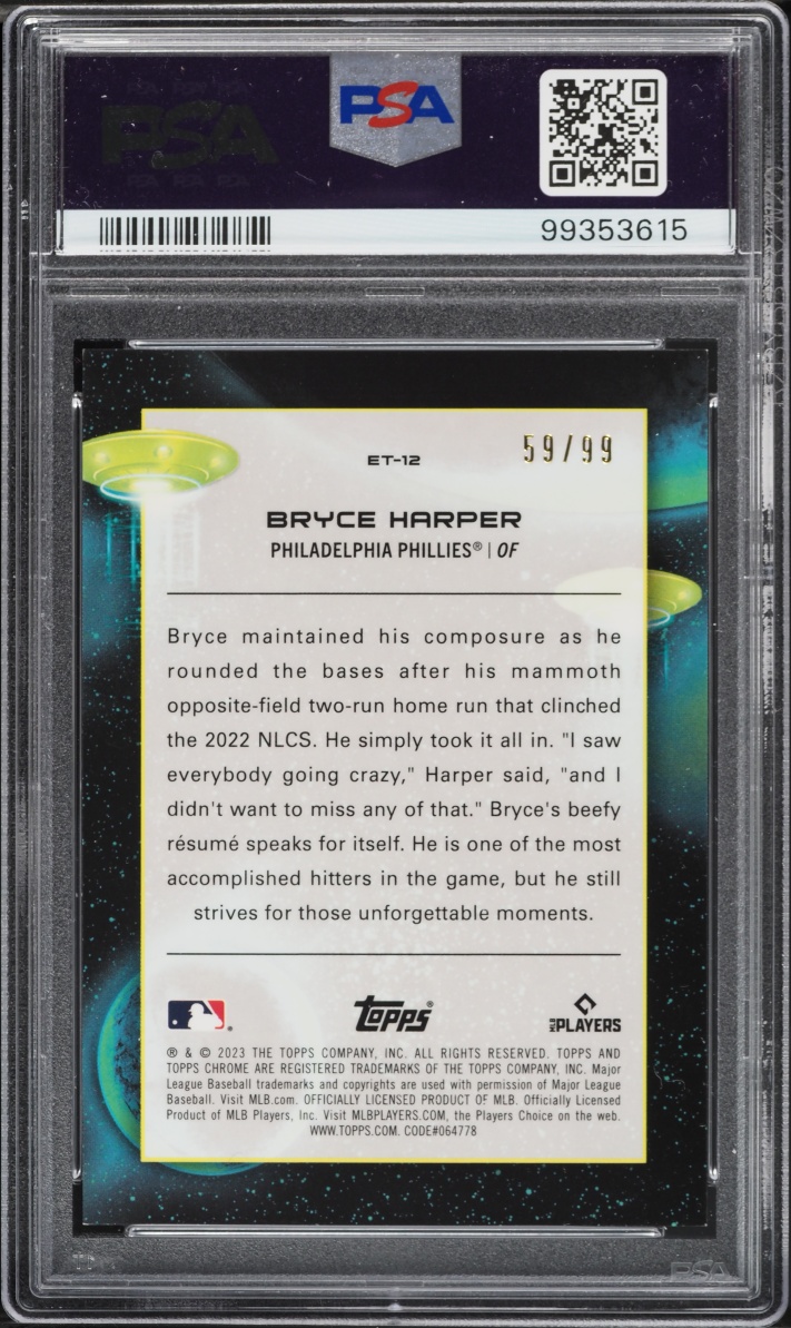 2023 Topps Chrome Cosmic Extraterrestrial Talent Et Blue Moon Refractor Bryce Harper /99 PSA 9