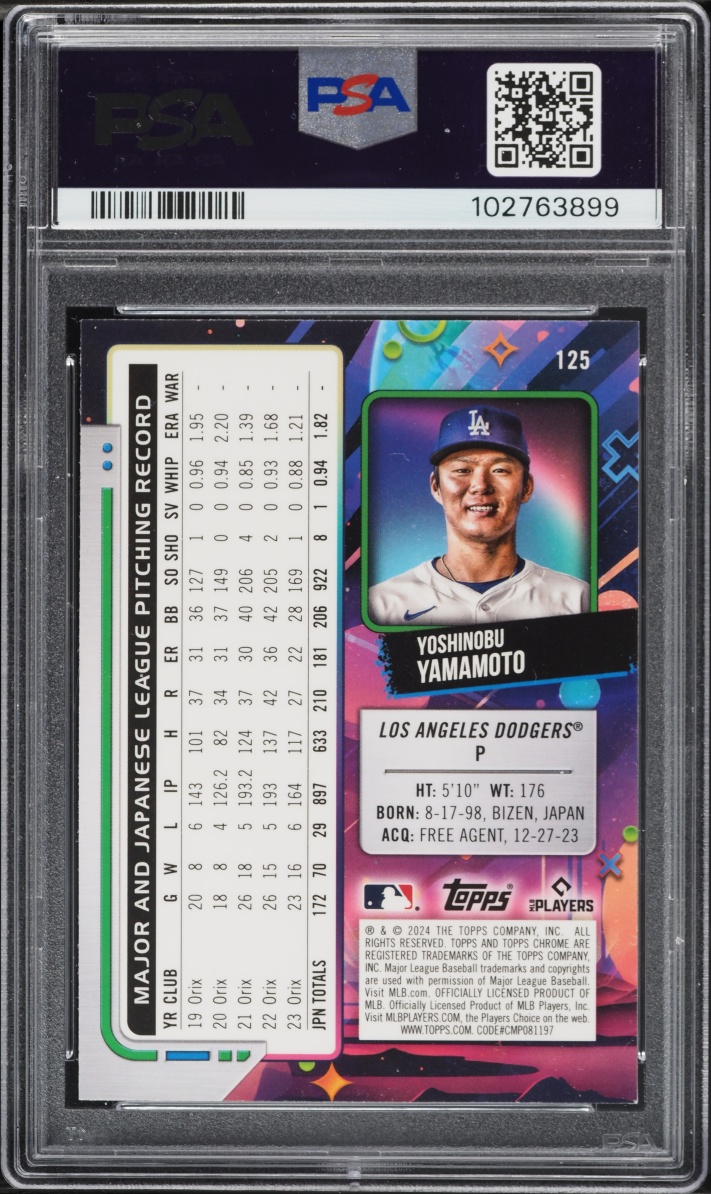 2024 Topps Chrome Cosmic Aqua Equinox Yoshinobu Yamamoto ROOKIE /199 PSA 9 MINT