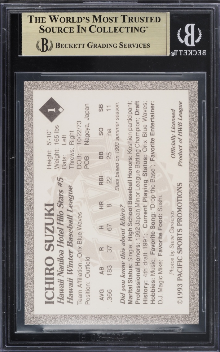 1993 Hawaii Winter League Ichiro Suzuki ROOKIE #1 BGS 9.5 GEM MINT