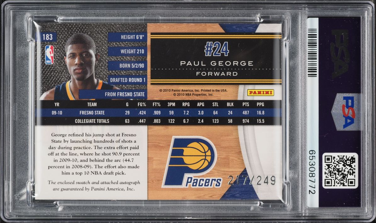 2010 Panini Limited Jersey Paul George ROOKIE PATCH AUTO /249 #183 PSA 9 MINT