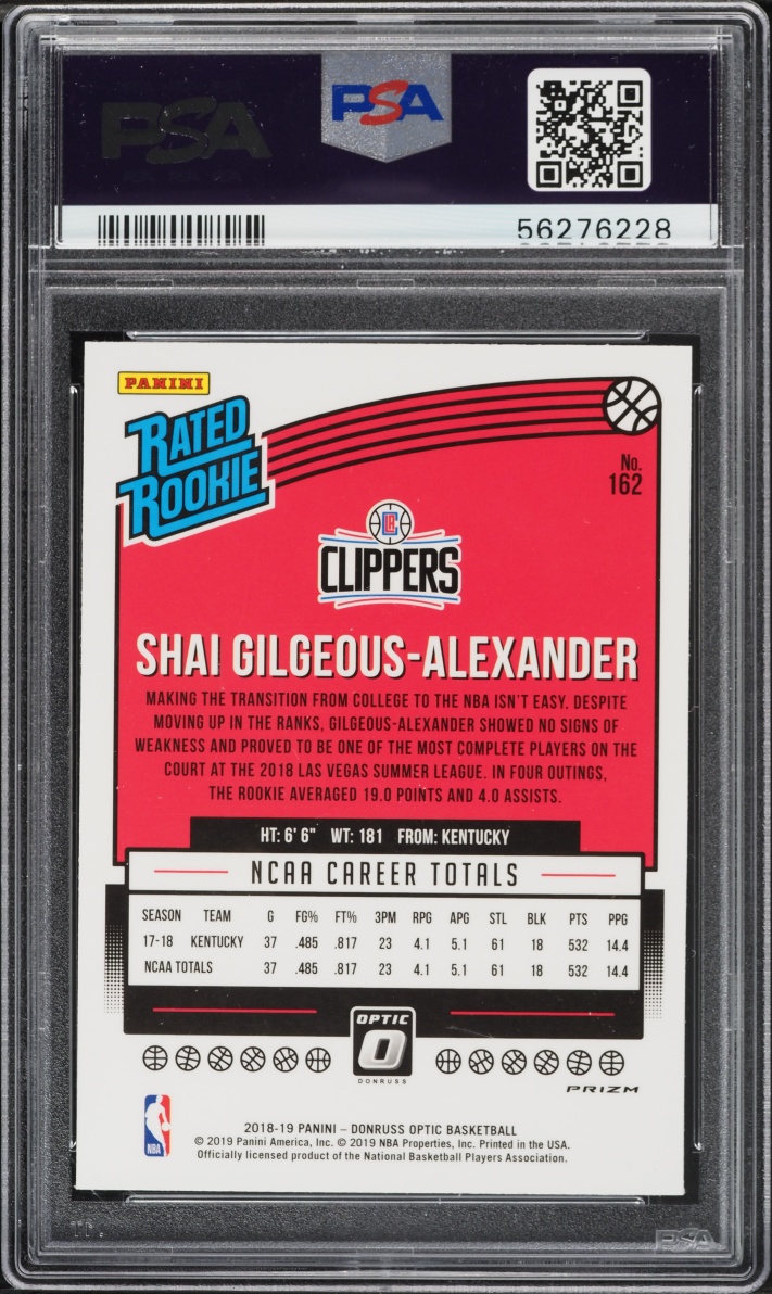 2018 Donruss Optic Holo Shai Gilgeous-Alexander ROOKIE #162 PSA 9 MINT